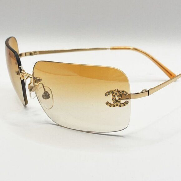 🧡RARE Chanel Vintage Sunglasses Rhinestone CC Logo Rimless Gradient Gold Orange - Picture 8 of 14